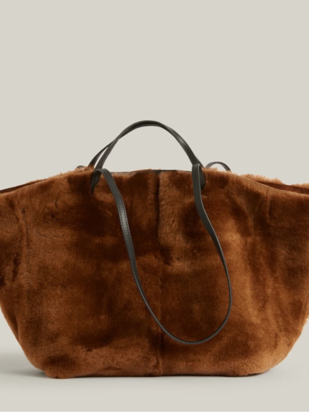 Like New - All Saints Hannah Shearling Tote Bag Faux Fur Brown with Black Straps - Picture 2 of 8